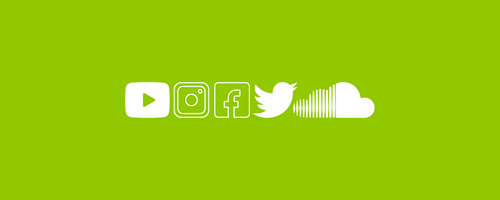 Social Media Symbole für YouTube, Instagram, Facebook, Twitter und Soundcloud