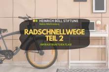 Das Bild zeigt ein Fahrrad, das an einer Wand neben einem Schreibtisch mit einem Laptop und einigen Dekorationsgegenständen steht. Über dem Fahrrad und dem Schreibtisch ist der Text platziert: Radschnellwege Teil 2