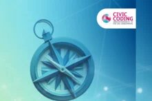 Stilisierter Kompass in Blau mit dreidimensionaler Pfeilrose, der im Zentrum des Bildes platziert ist. Im Hintergrund rechts oben das Logo von „Civic Coding“ mit dem Slogan „Innovationsnetz KI für das Gemeinwohl“. Der Kompass symbolisiert Orientierung, während das Logo auf den Kontext künstlicher Intelligenz und gemeinwohlorientierter Innovation hinweist.