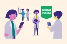 Drei stilisierte Ärzt:innen in einem klinischen Umfeld. Eine Person hält ein Tablet, eine andere einen Ordner, und die dritte betrachtet ein Röntgenbild auf einem Tablet. Im Hintergrund sind zwei weitere Personen vor einem Whiteboard zu sehen. Ein grünes Schild mit der Aufschrift „GenAI inside“ symbolisiert den Einsatz generativer Künstlicher Intelligenz in der Medizin.