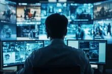 Eine Person von hinten vor mehreren Bildschirmen in einem Überwachungsraum. Die Bildschirme zeigen verschiedene Kameraperspektiven mit unscharfen Szenen aus öffentlichen Bereichen, Büros und Gängen. Die Person trägt ein Headset und beobachtet die Monitore. Die Szene vermittelt den Eindruck einer Sicherheitszentrale oder Leitstelle.