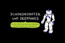 Weißer humanoider Roboter mit blauen Augen und lila Akzenten. Im Hintergrund steht in Großbuchstaben „SCHOKOROBOTER UND DEEPFAKES“. Darunter ein grüner Sprechblasenhintergrund mit dem Text: „Ein Comic-Essay über künstliche Intelligenz aus der Perspektive von Jugendlichen“.
