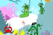 Illustration einer Unterwasserwelt mit anthropomorphen Meeresbewohnern. Eine grüne Qualle mit Armen hält ein Smartphone. Daneben sind ein Krebstier, eine Schlange, ein schwarzer Fisch und weitere stilisierte Meereslebewesen zu sehen. Die Szene wirkt verspielt und humorvoll.