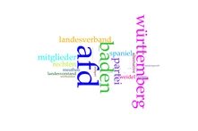 Wortwolke mit dominanten Begriffen rund um die AfD in Baden-Württemberg. Auffällige Wörter sind: „afd“, „baden“, „württemberg“, „landesverband“, „rechte“, „partei“, „weidel“, „extrem“, in verschiedenen Farben und Schriftgrößen.