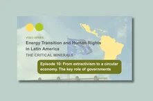 Foto der Flagge der Europäischen Union mit blauen Hintergrund und gelben Sternen. Rechts daneben eine gelbe Silhouette von Lateinamerika. Titel: „Episode 10: From extractivism to a circular economy: The key role of governments“