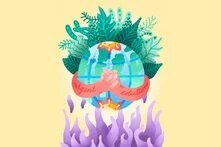 Illustration: A globe held by hands surrounded by plants and flames. The globe is wrapped in a banner reading "urgent solution."