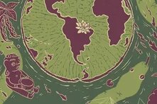 Das Bild zeigt eine künstlerische Darstellung der Erde als riesiges Seerosenblatt. Die Kontinente sind lila und wirken wie ausgeschnittene Formen auf dem grünen Blatt. In der Mitte blüht eine weiße Seerose. Am Rand sind stilisierte Figuren zu sehen: ein sitzendes Kind links, ein Krokodil rechts sowie Fische und Pflanzen. Das Wasser fließt kreisförmig um das Seerosenblatt.