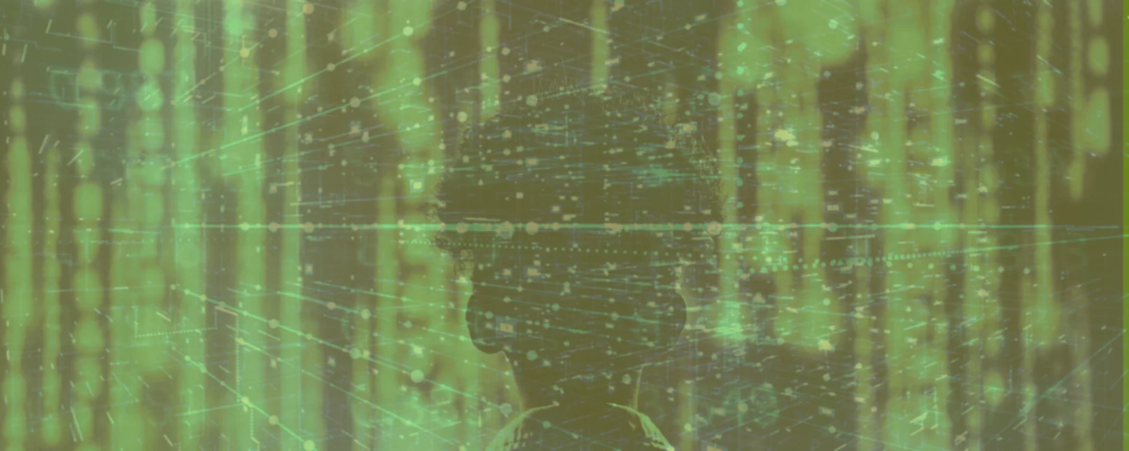 Silhouette eines menschlichen Kopfes, überlagert von grün leuchtenden Datenströmen und digitalen Netzstrukturen, die an Matrix-Code erinnern