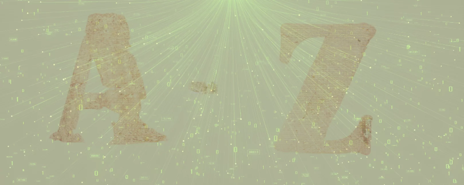 Großbuchstaben A und Z mit einem Bindestrich dazwischen, stilisiert im Retro-Look, überlagert von binären Zahlen und digitalen Lichtstrahlen