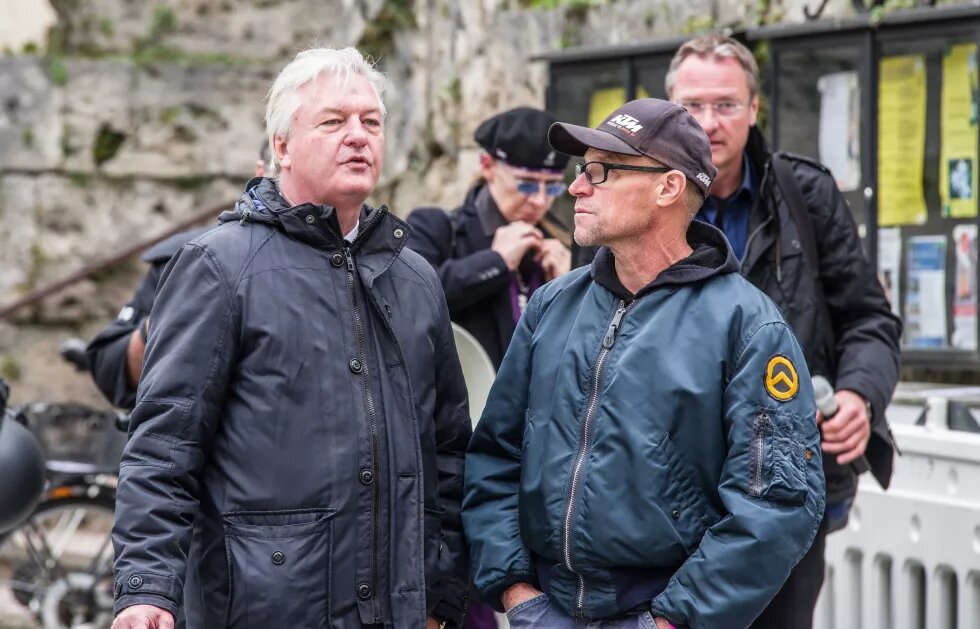 September 29, 2018 - Garmisch Partenkirchen, Bavaria, Germany - Juergen Elsaesser of Compact Online and Michael Stuerzenberger speaking to a member of the right-extremist Identitaere Bewegung, as denoted by the symbol on the arm. Adding themselves to the who-is-who-list of of several hundred right-extremists from Germany, Austria, Switzerland, and other countries, Tommy Robinson, founder of the British EDL, Lutz Bachmann, grounder of Germany Pegida, and Martin Sellner of the Ide