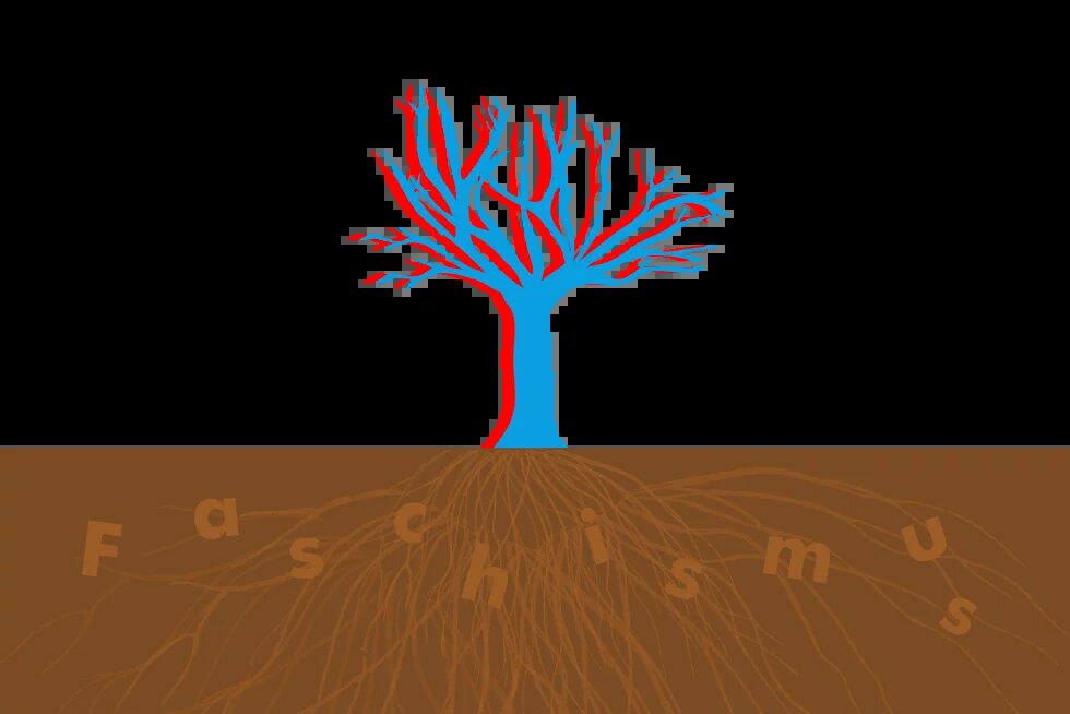 Ein blauroter Baum wächst aus faschistischen Wurzeln