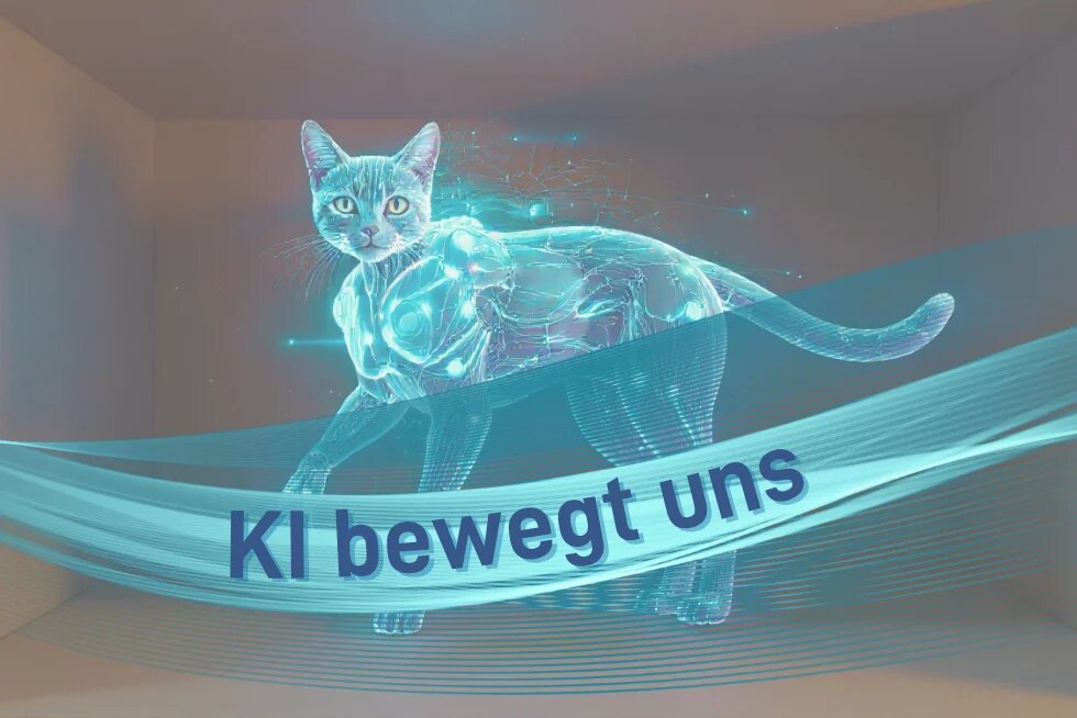erstellt mit FLUX Playground Katzenähnliche, teils transparente KI-Visualisierung mit leuchtenden, blauen Linien und Netzwerken, die den Körper durchziehen. Im Vordergrund eine dynamische, geschwungene Lichtspur mit dem Text „KI bewegt uns“.