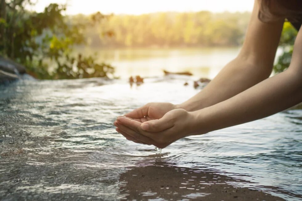Zwei Hände, die über einem flachen Wasserbecken gehalten werden, aus dem Wasser tropft. Im Hintergrund ist ein See mit Bäumen und Vögeln zu sehen.