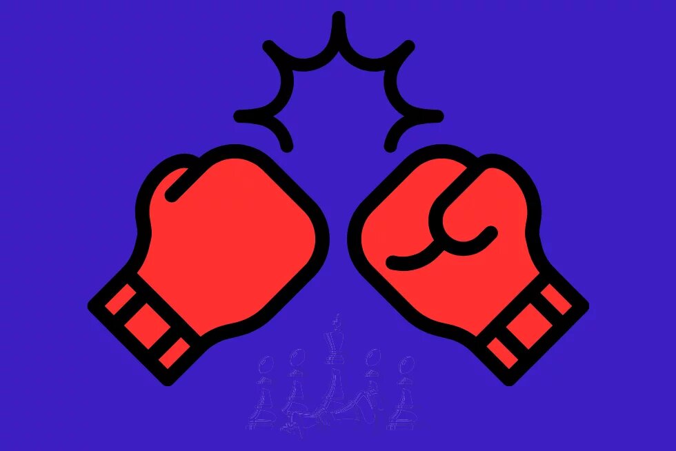 Zwei rote Boxhandschuhe prallen frontal aufeinander, darüber eine stilisierte Explosionslinie.