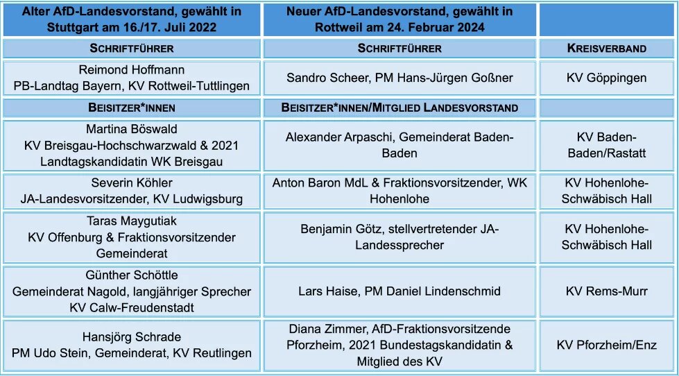 Tabelle mit drei Spalten: Erste Spalte listet Funktionen im AfD-Landesvorstand auf, darunter Sprecher, Stellvertreter, Schatzmeister, Schriftführer und Beisitzer. Zweite Spalte nennt die zugehörigen Personen des Landesvorstands. Dritte Spalte gibt jeweils den Kreisverband (KV) der aufgeführten Person an.