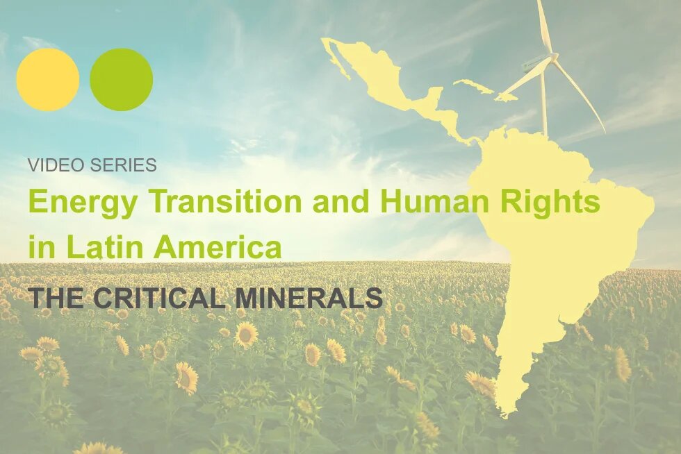 Himmelslandschaft mit einem Sonnenblumenfeld, einer Windkraftanlage, dem Videoreihentitel und einer Silhouette der Karte Lateinamerikas.