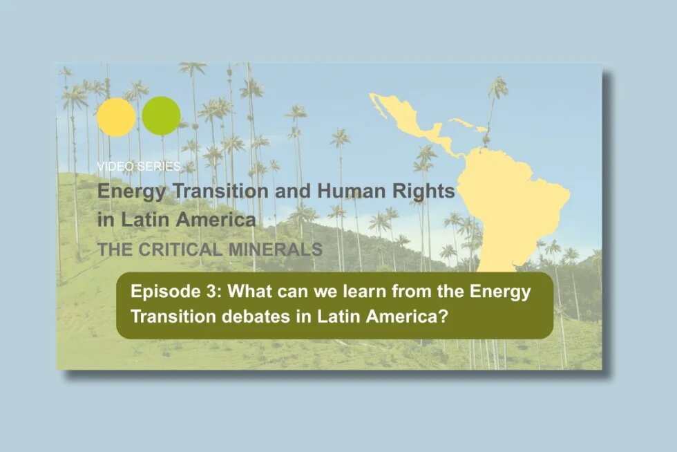 Tropische Landschaft mit hohen Palmen auf hügeligem Gelände. Rechts eine gelbe Silhouette Lateinamerikas. Text: „Episode 3: What can we learn from the Energy Transition debates in Latin America?"