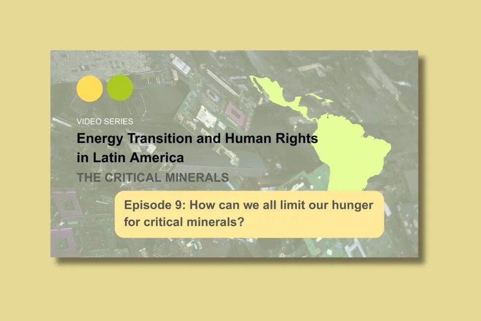 Mehrere übereinandergestapelte Leiterplatten; rechts daneben eine gelbe Silhouette von Lateinamerika. Titel: „Episode 9: How can we all limit our hunger for critical minerals?“