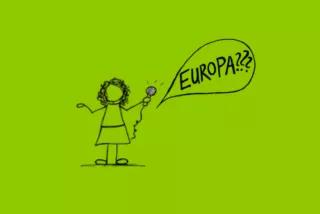 Stilisierte Reporterin mit der Frage nach Europa