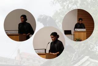 Bilder einer Schwarzen Frau, die einen Vortrag hält