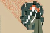 Frau mit langen Haaren steht vor einer schematischen Darstellung eines digitalen Gesichts aus grünlich-schwarzen Pixeln und tippt auf ein orangefarbenes Feld; von links strömen Binärzahlen (0 und 1) auf das Gesicht zu, was den Datenfluss symbolisiert.